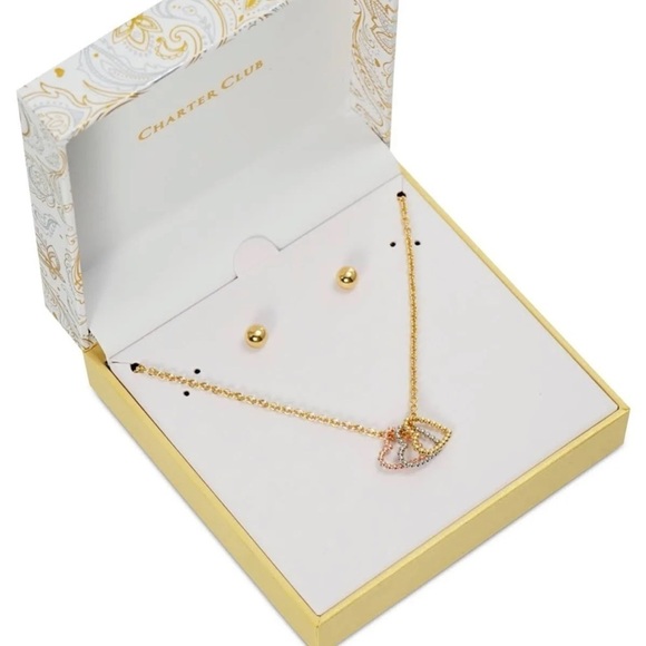 NWT CHARTER CLUB GOLD TONE STUD EARRINGS & TRI-TONE HEART NECKLACE - Picture 7 of 11